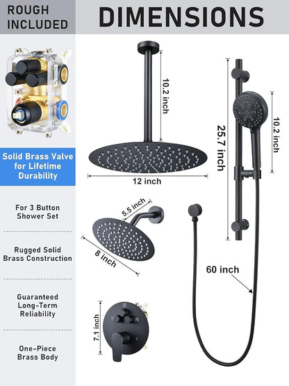 Woindo Shower Faucet Set with Slide Bar, 12" Rain Shower Head/8'' Side Shower Head and 10 Setting Handheld Ceiling Mount 3 Push Button Diverter Complete Rainfall Shower System Included Valve Trim Kit
