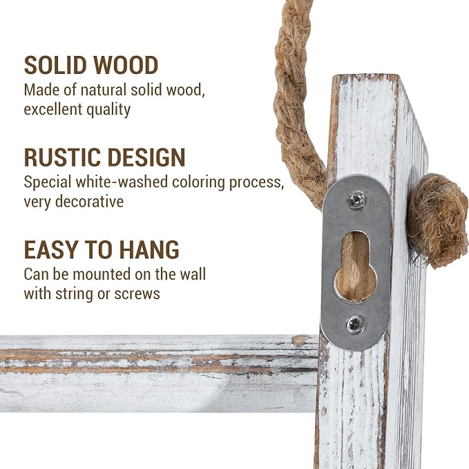 MyGift Rustic Hand Towel Holder, Whitewashed Solid Wood Farmhouse Bathroom Decor, Small Blanket Ladder for Home Decor, Wall Mounted Towel Rack for Shabby Chic Decor | Solid Wood Craftsmanship, Charming Ladder Design, Space Saving Mount, Cozy Cottage Ac...