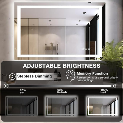 EchosLife 48"x32" LED Bathroom Mirrors for Wall | Backlit + Front Lit, Anti-Fog, Stepless Dimmable, 3 Colors, Memory, Tempered Glass, UL Listed, Horizontal/Vertical