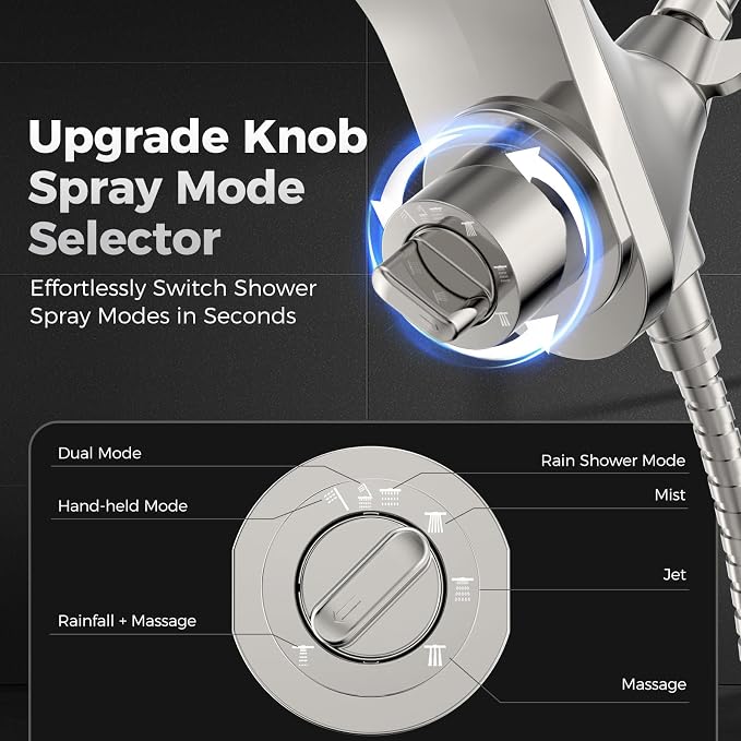 High Pressure Rain Shower Head with Handheld Spray Combo | Detachable Dual Shower Head with 10 Sprays Modes - Upgrade Knob Spray Mode Selector and Magnetic Guidance Docking System