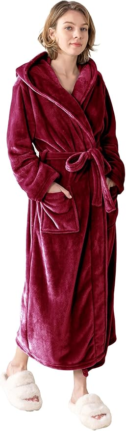 Robes for Women - Hooded Plush Fleece Bathrobe with Sash & Pockets, Full-Length Lightweight Spa Robe