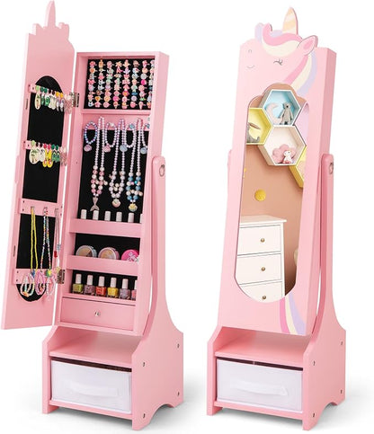 CHARMAID Kids Mirror Jewelry Cabinet - 45.5'' Full Length Mirror with Jewelry Storage, Standing Jewelry Armoire with Drawers, Kids Jewelry Organizer Box Vanity Dressing Mirror for Girls (Pink)