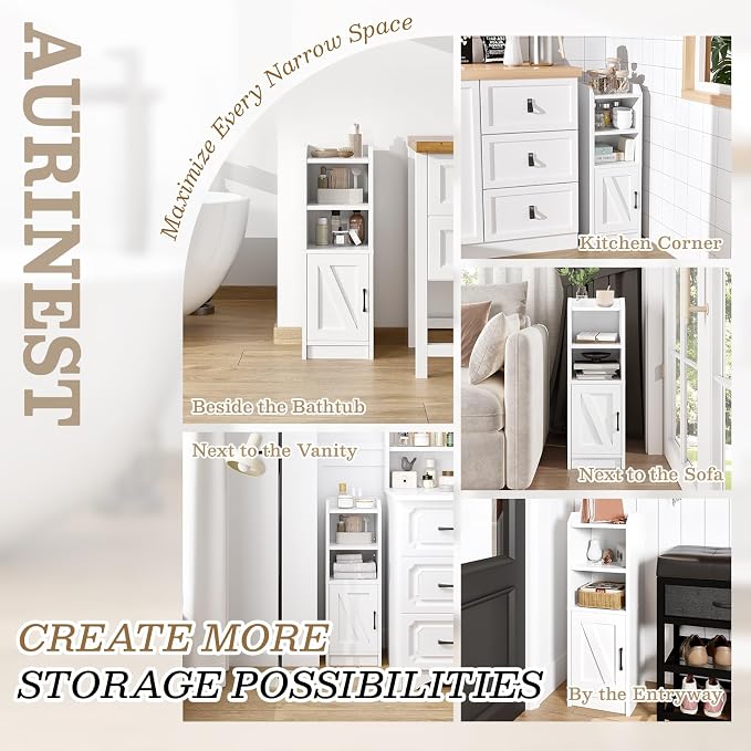 Narrow Bathroom Storage Cabinet with Door & Adjustable Shelf, 9.8" W Slim Storage Cabinet for Small Spaces, Skinny Toilet Paper Cabinet, 9.8" W × 7.9" D × 29.5" H, White