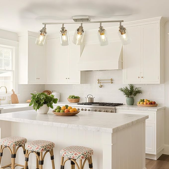 LOUSACE 5-Light Brushed Nickel Track Lighting Kit with Clear Glass, Modern Track Light Fixtures Flush Ceiling Mounted, Tracking Vanity Lighting Rotatable Spotlight for Kitchen Bathroom Accent Shop