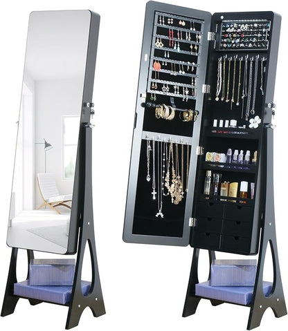 Standing Mirror Jewelry Cabinet Full Length Mirror Jewelry Armoire | JeJewelry Organizer Lockable Jewelry Storage for Women Girl Frameless LED Lights 6 Drawers Blac