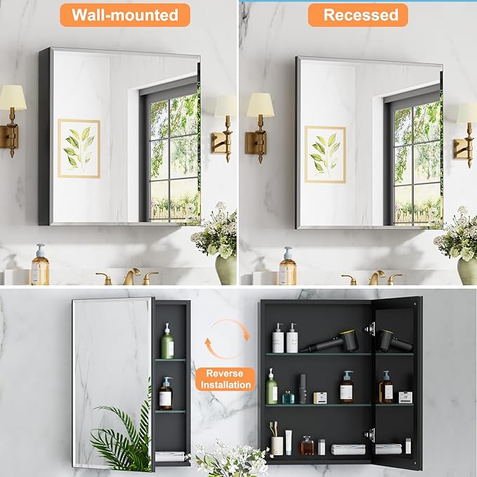 28 x 30 Inch Large Medicine Cabinet with Mirror, Black Aluminum Bathroom Cabinet with Storage, Oversized Single Door Tempered Beveled Glass, Recessed or Surface Mount, Adjustable Shelves