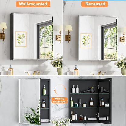 28 x 30 Inch Large Medicine Cabinet with Mirror, Black Aluminum Bathroom Cabinet with Storage, Oversized Single Door Tempered Beveled Glass, Recessed or Surface Mount, Adjustable Shelves