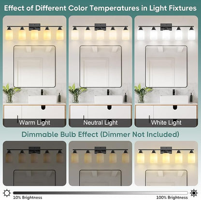 Ascher Bathroom Light Fixtures, 5-Light Vanity Light Over Mirror, Matte Black Wall Sconces with Milky White Frosted Glass Shades, Wall Lamp for Living Room Bedroom, E26 Base(Bulbs Not Included)