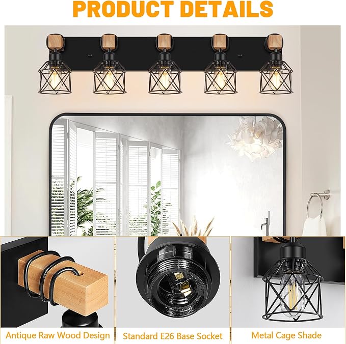 FadimiKoo 5-Light Black Bathroom Light Fixtures, Vanity Lighting Fixtures | Rustic Wood & Black Metal Shade, Wood Bathroom Lighting Fixtures Over Mirror, Wall Sconces for Bathroom Bedroom Living Room