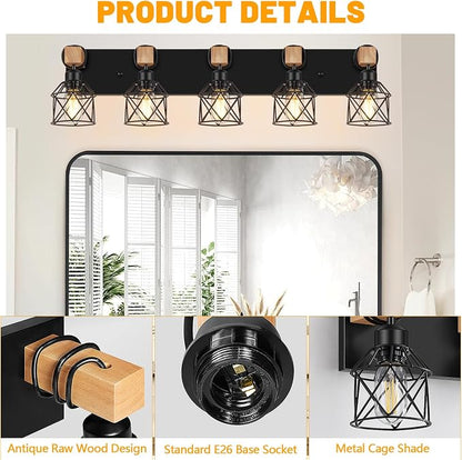 FadimiKoo 5-Light Black Bathroom Light Fixtures, Vanity Lighting Fixtures | Rustic Wood & Black Metal Shade, Wood Bathroom Lighting Fixtures Over Mirror, Wall Sconces for Bathroom Bedroom Living Room