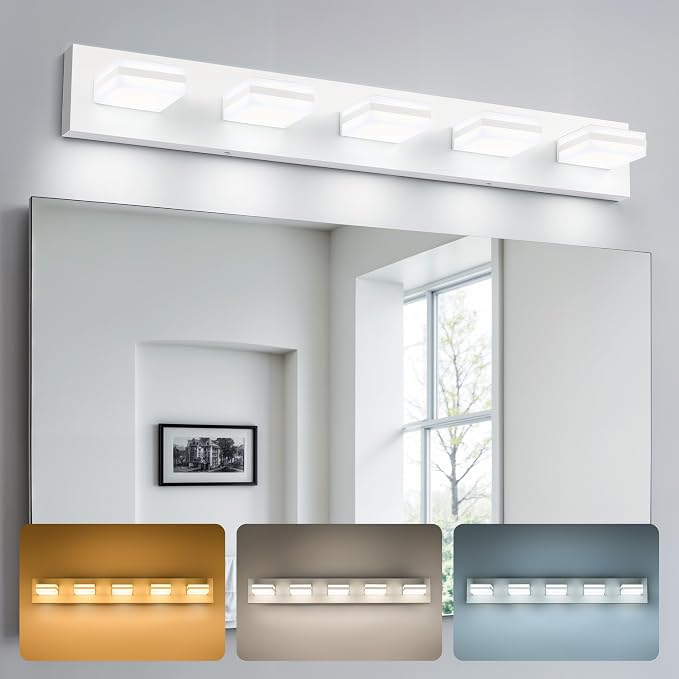 VONLUCE LED Modern Bathroom Vanity Light Fixture, Matte White | 34'', 5-Light, 3CCT, 360° Rotate, High CRI, Flicker-free, Dimmable, Memory Function, Waterproof IP44, Easy Installation