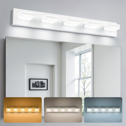 VONLUCE LED Modern Bathroom Vanity Light Fixture, Matte White | 34'', 5-Light, 3CCT, 360° Rotate, High CRI, Flicker-free, Dimmable, Memory Function, Waterproof IP44, Easy Installation