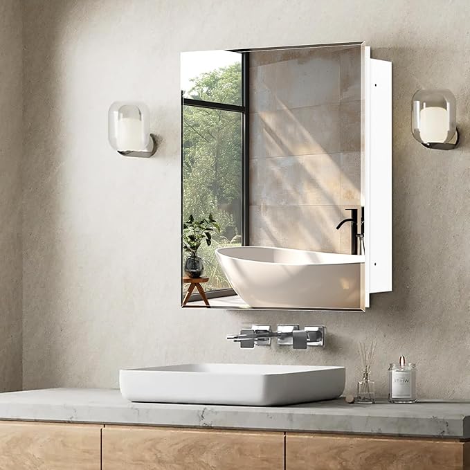 20x20 Inch Medicine Cabinet, Square Beveled Frameless Mirror, Adjustable Shelves, Already Assembly, Recess or Surface Mount Installation for Bathroom Toilet