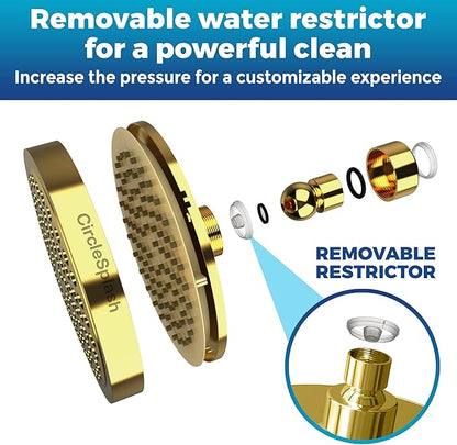 CircleSplash Shower Head - High Pressure 2.5 GPM - Gold | Anti-clog silicone nozzles, removable restrictor, easy-clean fixed replacement