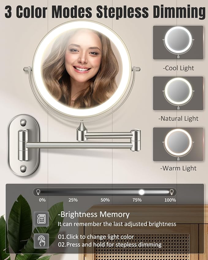 VFD 8'' 30X/1X Wall Mounted Lighted Magnifying Makeup Mirror with Lights | Double Sided Rechargeable Bathroom Mirror, 3 Color Lights Touch Dimmable Extended Arm 360 Rotation Light up Mirrors