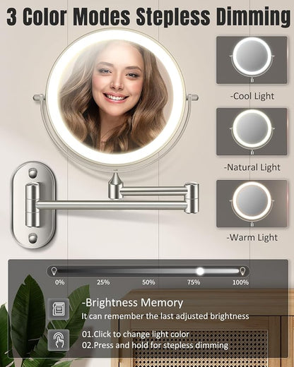 VFD 8'' 30X/1X Wall Mounted Lighted Magnifying Makeup Mirror with Lights | Double Sided Rechargeable Bathroom Mirror, 3 Color Lights Touch Dimmable Extended Arm 360 Rotation Light up Mirrors
