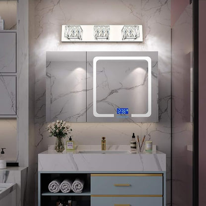 Modern Bathroom Vanity Lights - Crystal 3 Light Vanity Lighting Fixtures - Chrome Bathroom LED Light Fixture Over Mirror 6000K Cool White Light