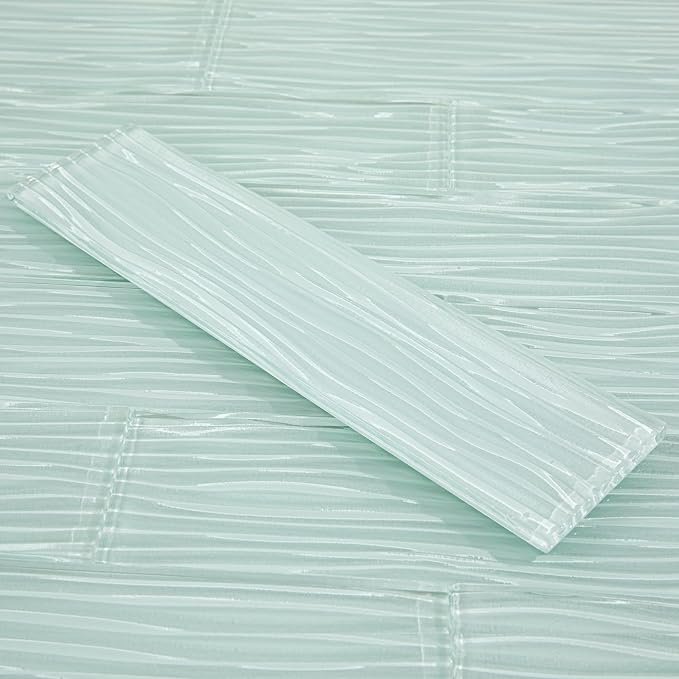 Light Green Glass Subway Tile Water Wave 3 x 12 Inch | Glass Tile for Backsplash Kitchen Bathroom Shower Wall (16-Pack, 4 sq.ft.)