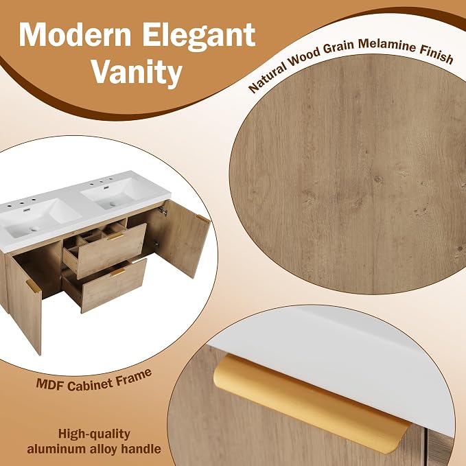 SOFTSEA 60" Double Sink Bathroom Vanity, Floating Bathroom Cabinet with 2 Storage Drawers & Soft Close Doors, Modern Wall Mounted Double Vanity with SMC Sink, Golden Handle, Wood