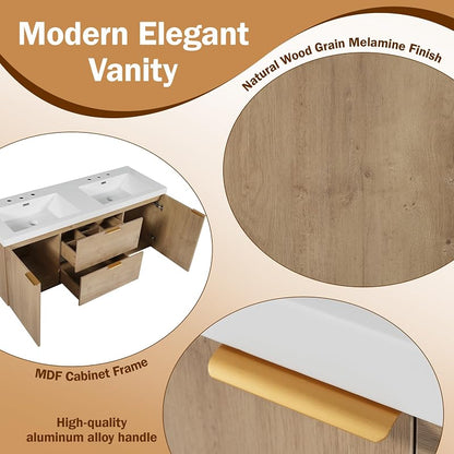 Modern Double Sink Wall-Mounted Bathroom Vanity 60 Inch with SMC Countertop and Divided Drawers, Vintage MDF Cabinet with Storage, Soft Close Doors and Metal Handles for Large Bathrooms, Natural