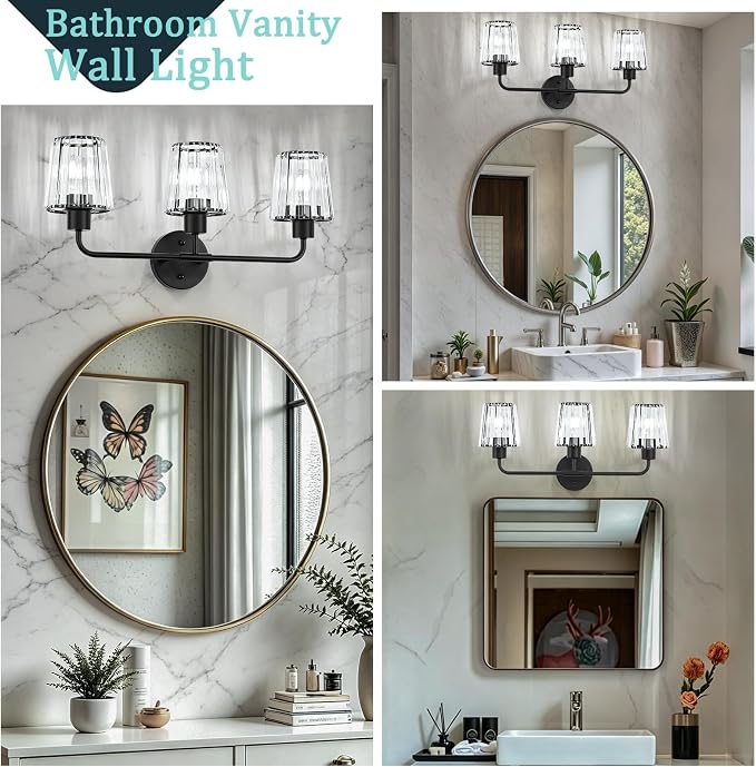 Black Vanity Lights, 3-Light Crystal Bathroom Light Fixtures | Modern Bathroom Vanity Light E26 Wall Light over Mirror (Exclude Bulb)