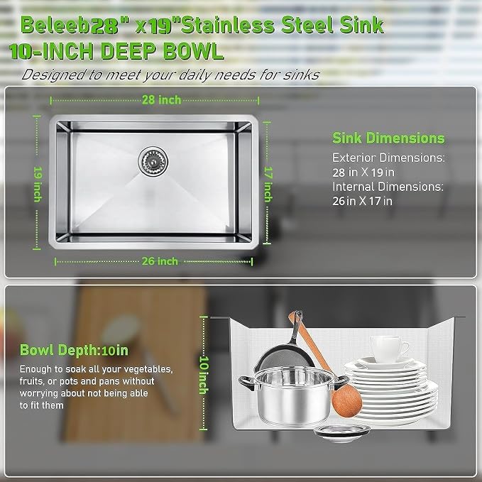 Undermount Kitchen Sink 28"x19": 3D Micro-pebble Embossed | 18-Gauge Stainless Steel Sink, 9" Deep, Top Mount, Scratch-Resistant Embossed Surface, for Large Families