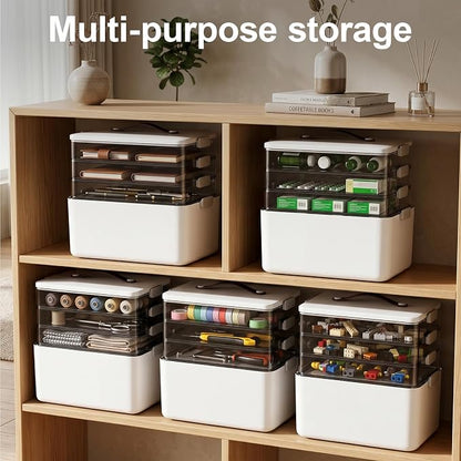 Spreezy 4-Tier Medicine Storage Box for First Aid, Craft, Art, Sewing | Portable Cabinet with Leather Handle, Lid & Clasp, Large Capacity Multifunctional Storage Box, for Home, Dorm/ Office