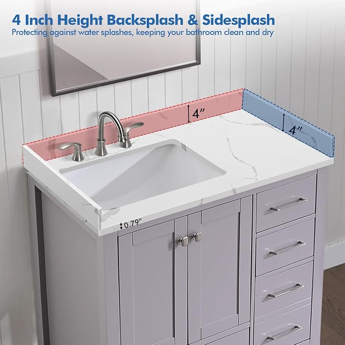 36 in.W x 22 in.D Quartz Calacatta River Vanity Top,with Undermount Left Offset Sink Vanity Top,with Two Sidesplash & One Backsplash,8 Inch Faucet Hole Spread Bathroom Vanity Sink Countertop