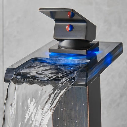 LED Bathroom Sink Faucet, Oil Rubbed Bronze Waterfall Single Hole Handle Vanity Faucets for Sinks 1 Hole with Metal Pop Up Drain and 2 Water Supply Lines, Open Glass Spout