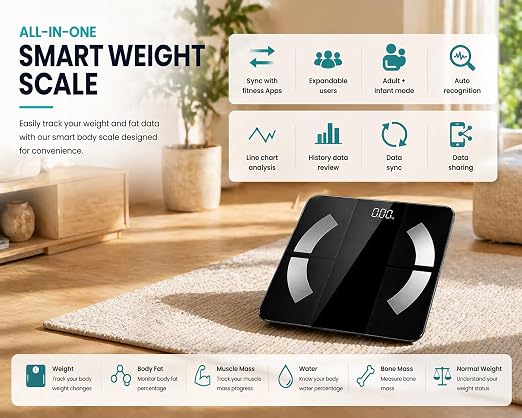INW Smart Body Fat Scale, Digital Bathroom Scale with BMI, Body Composition, Bluetooth, Multi-User, 3 AAA Batteries Included (Black)