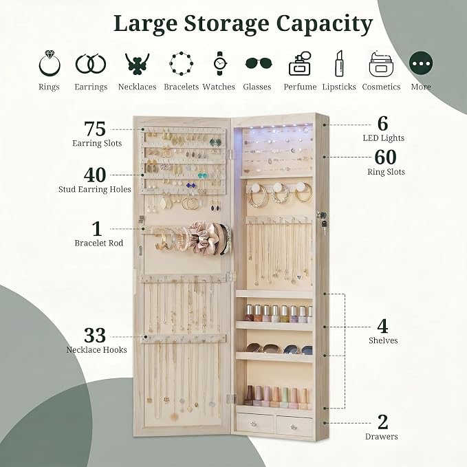 Jewelry Armoire, 47.2" Tall Lockable Jewelry Organizers and Storage Cabinet with Full-Length Mirror, 6 LEDs Mirror Jewelry Cabinet, Wall or Door Mounted Jewelry Storage for Women Bedroom, Gift Idea