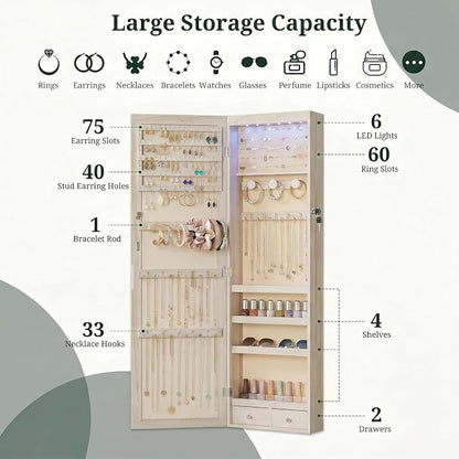 Jewelry Armoire, 47.2" Tall Lockable Jewelry Organizers and Storage Cabinet with Full-Length Mirror, 6 LEDs Mirror Jewelry Cabinet, Wall or Door Mounted Jewelry Storage for Women Bedroom, Gift Idea