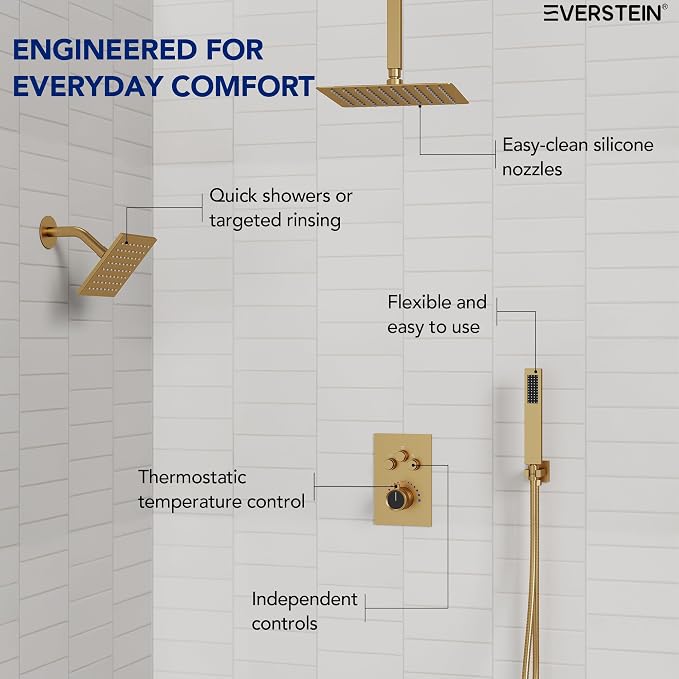 Ceiling Mount 12" High-Pressure Rainfall Shower Faucet, Dual Rainfall Shower Head System with Valve (Brushed Gold)