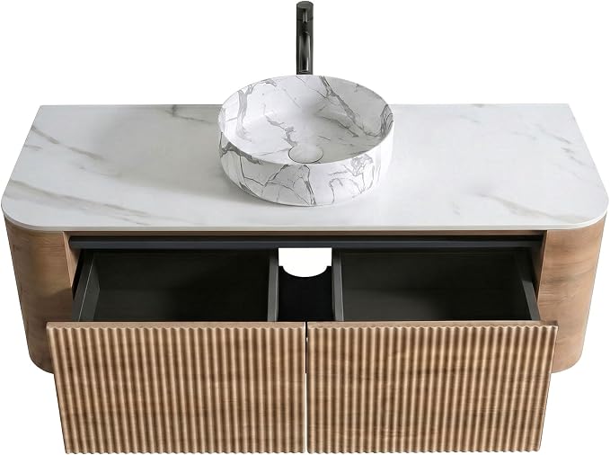 48" Preassembled Floating Bathroom Vanity with Carrara Finish Sink, Oak | Mid-Century Modern Style, Fluted & Soft-Close Drawer with U-shaped Wall, Sinterted Stone Countertop, Towel Rack Included