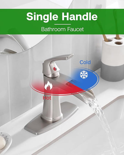 Fapully Bathroom Faucets Brushed Nickel, Modern Waterfall Bathroom Sink Faucet with Single Handle for 1 or 3 Holes, Vanity Faucet with Deck Plate and Drain