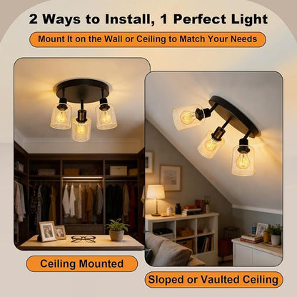 HiBay 3-Light Track Lighting Fixtures Ceiling Glass Directional Spotlight | Round 3 Heads with Glass Shades, Black Farmhouse Industrial, for Dining Area, Entryway, Closet, E26 Base
