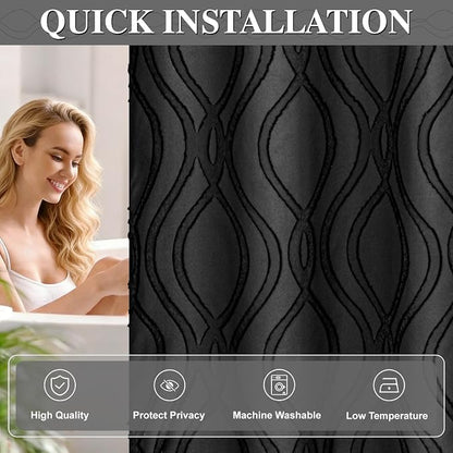 Yinhua No Hook Shower Curtain with Snap in Liner Set, 71" W×86" L, Black | Hotel Style, See Through Top Window, Washable Waterproof, Tufted, Extra Long Hookless Curtain for Bathroom Bathtub