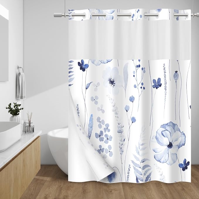 No Hook Floral Shower Curtain with Liner, Navy, 71x74 | Snap in Liner, 3 in 1, Water Repellent, Easy Install, Machine Washable, Hotel Style for Bathroom, Watercolor Pattern
