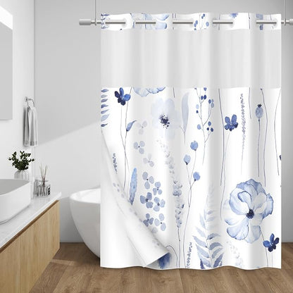 No Hook Floral Shower Curtain with Liner, Navy, 71x74 | Snap in Liner, 3 in 1, Water Repellent, Easy Install, Machine Washable, Hotel Style for Bathroom, Watercolor Pattern
