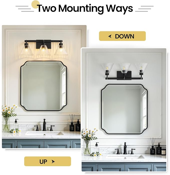 AIJIASI Modern Bathroom Light Fixtures Over Mirror 3-Light Black Vanity Lights for Bathroom with Ribbed Glass Shade 24 Inch Up/Down Mount Vanity Lighting Fixtures for Bath Bedroom Makeup