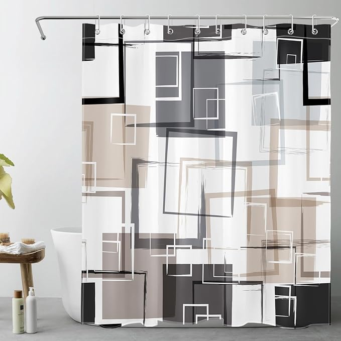 Black and Tan Geometric Shower Curtain with Hooks, Grey and White Abstract Striped on White Fabric Shower Curtain for Bathroom Decor Modern Minimalist Shower Curtain Set,72L X 60W inches