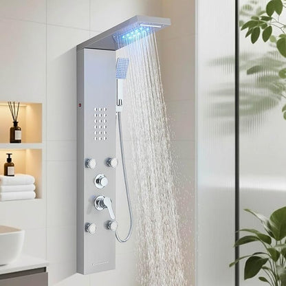 Fuz LED Shower Panel Tower System, 5 Function Stainless Steel Brushed Nickel Shower Tower with Rainfall Shower Head and Handheld, 4 Body Jets and Waterfall Tub Spout, High Pressure Shower Column