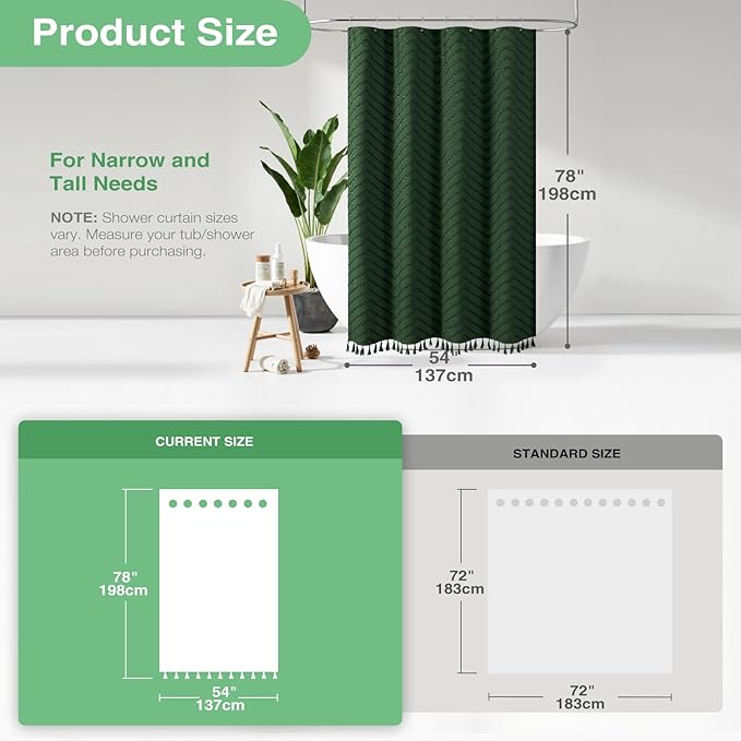 Dynamene Stall Fabric Shower Curtain, 54x78 Inch Boho Tufted Chevron Striped Shower Curtains for Bathroom, Minimalist Heavy Duty Cloth Shower Curtain Set with 10 Hooks, Machine Washable, Dark Green