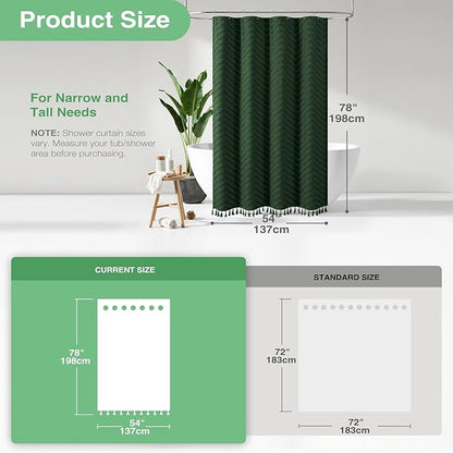 Dynamene Stall Fabric Shower Curtain, 54x78 Inch Boho Tufted Chevron Striped Shower Curtains for Bathroom, Minimalist Heavy Duty Cloth Shower Curtain Set with 10 Hooks, Machine Washable, Dark Green