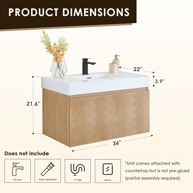 36 Inch Floating Sink Bathroom Vanity Wall Mount Single Vanities Overflow Mordern Large Storge Cabinet with Ceramic Countertop Double Soft Closing Drawers Pre-Assembled