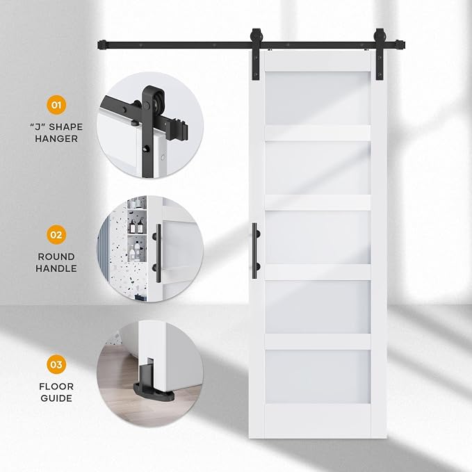 30x80 Inch Glass Sliding Barn Door Slab and 5.5ft Hardware Kit Included, 5 Frosted Glass, LVL Wood Panel Covered with White Water-Proof Scratch-Proof PVC Surface, Simple DIY Assembly