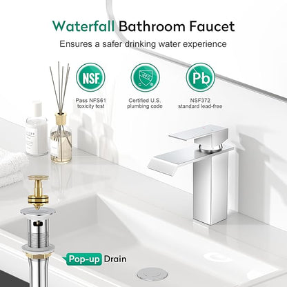CREA Chrome Waterfall Bathroom Faucet 1 Hole,Chrome Bathroom Faucet Single Handle Bathroom Sink Faucet with Pop Up Drain Stopper/ 3 Hole Plate,Stainless Steel RV Vanity Faucet Basin Mixer Tap