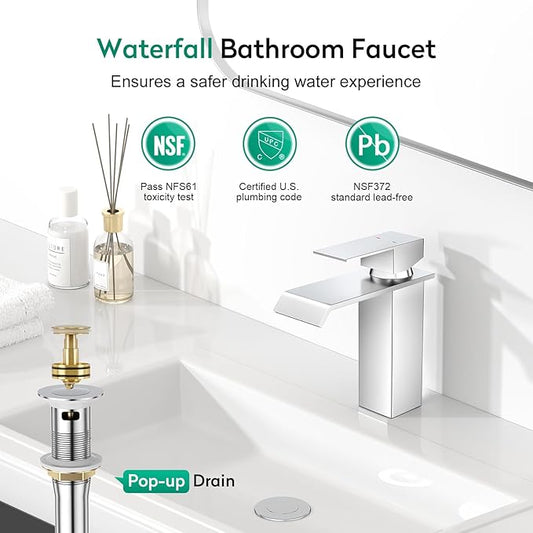 CREA Chrome Waterfall Bathroom Faucet 1 Hole,Chrome Bathroom Faucet Single Handle Bathroom Sink Faucet with Pop Up Drain Stopper/ 3 Hole Plate,Stainless Steel RV Vanity Faucet Basin Mixer Tap