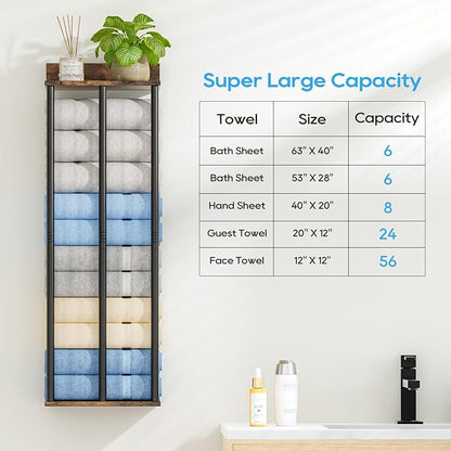 Towel Racks for Bathroom Wall Mounted with Wooden Storage Shelf, Updated 3 Bar Metal Towel Holder for Rolled Towels, Sturdy and Large Capacity, Towel Storage Organizer-Rustic