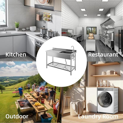 Stainless Steel Utility Sink, 47" Single Bowl Commercial Sink | Free Standing Utility Sink with Cold and Hot Water Pipe & Workbench, for Kitchen, Laundry
